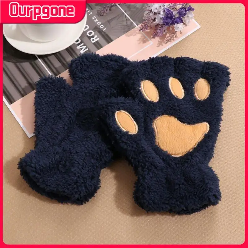 

1Pair Winter Warm Fingerless Gloves Lovely Fluffy Bear Cat Plush Paw Claw Half Finger Gloves Mitten Women Girls Warm Gift