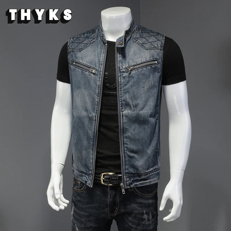Хип-хоп мужской повседневный джинсовый рваный жилет моторная и Байкерская