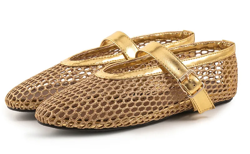 Балетки женские кожаные в сеточку сетчатые с пряжкой плоская подошва Мокасины