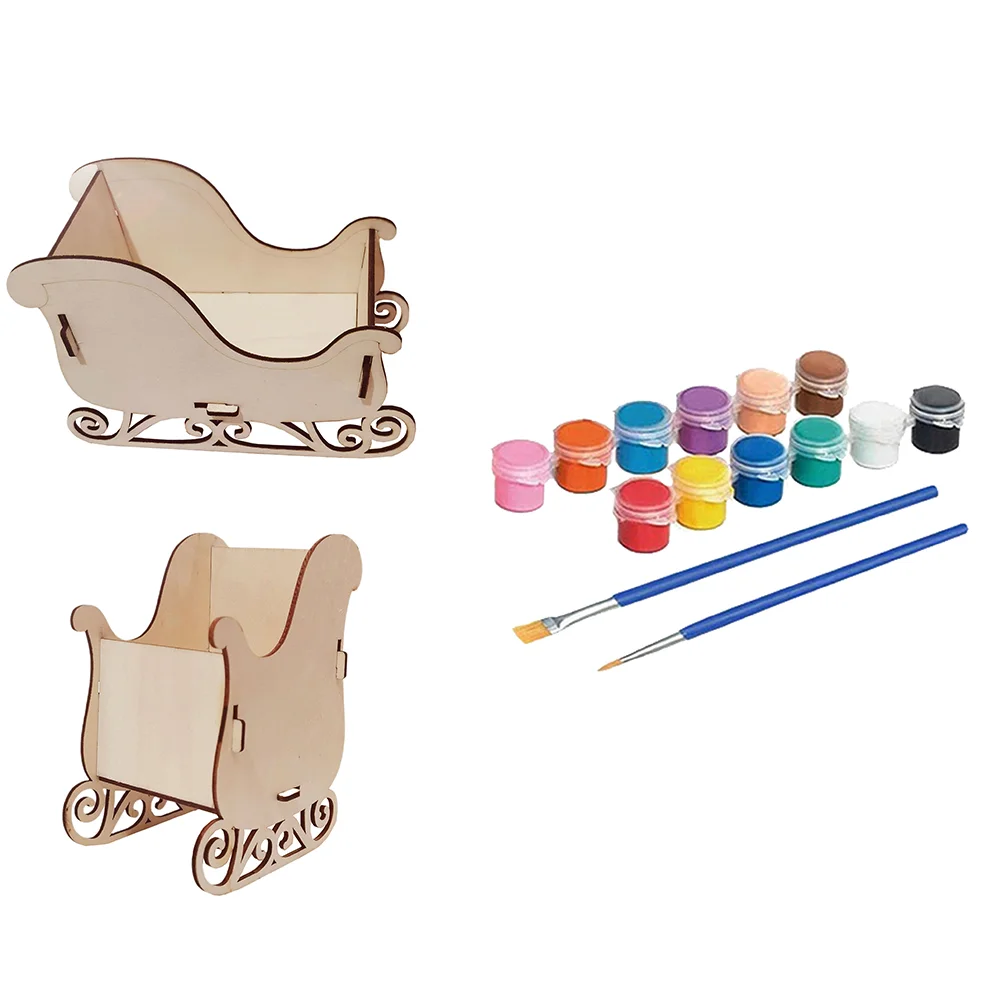 

1 Set of Christmas Desktop DIY Painting Wooden Unfinished Sleigh Ornament