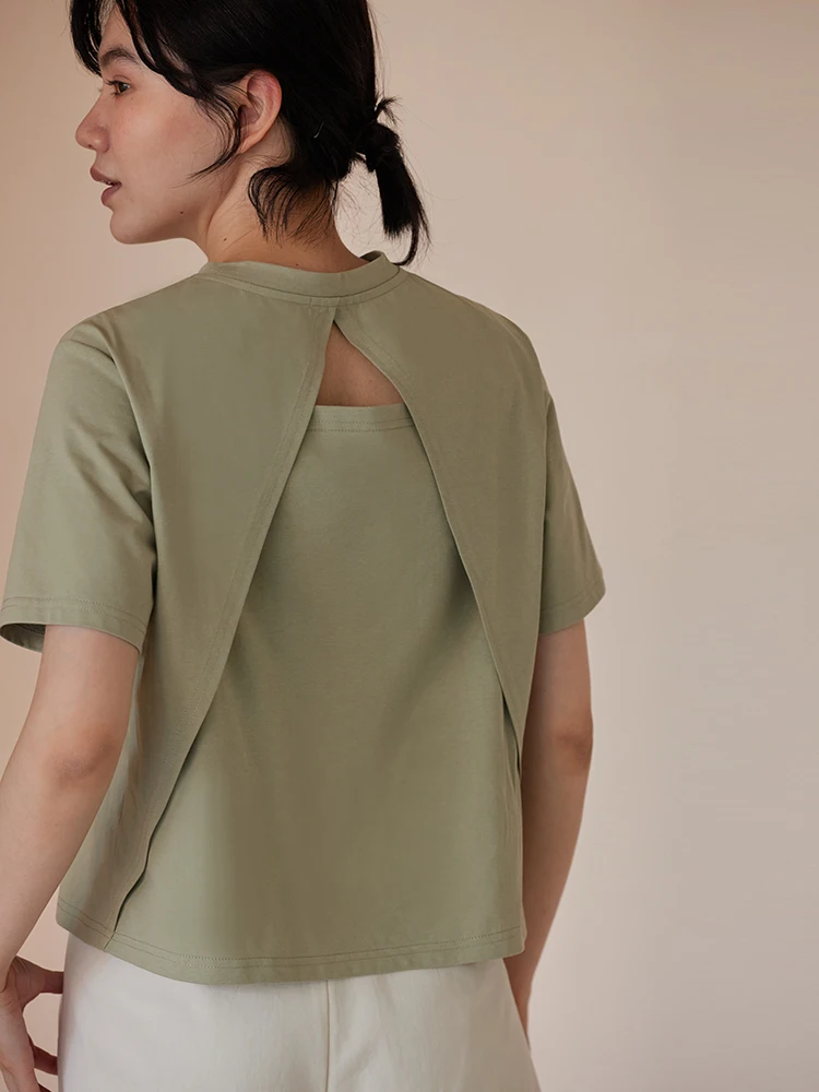 Miss Haitou Summer Avocado Sorona Long-staple Cotton Back Slit Design Short sleeve round Neck T-shirt Women