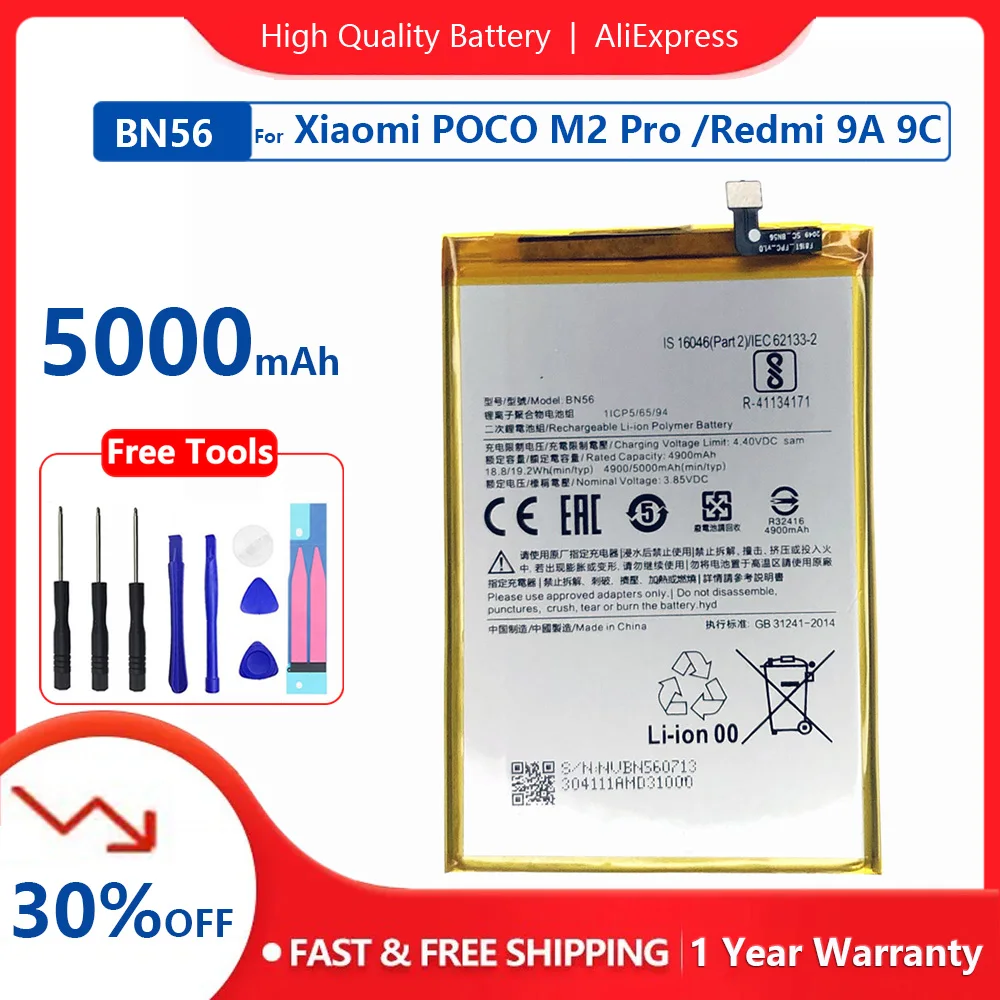 

100% Orginal BN56 5000mAh Rechargeable Battery For Xiaomi POCO M2 Pro Redmi 9A 9C High Quality Phone Replacement Batteries+Tools