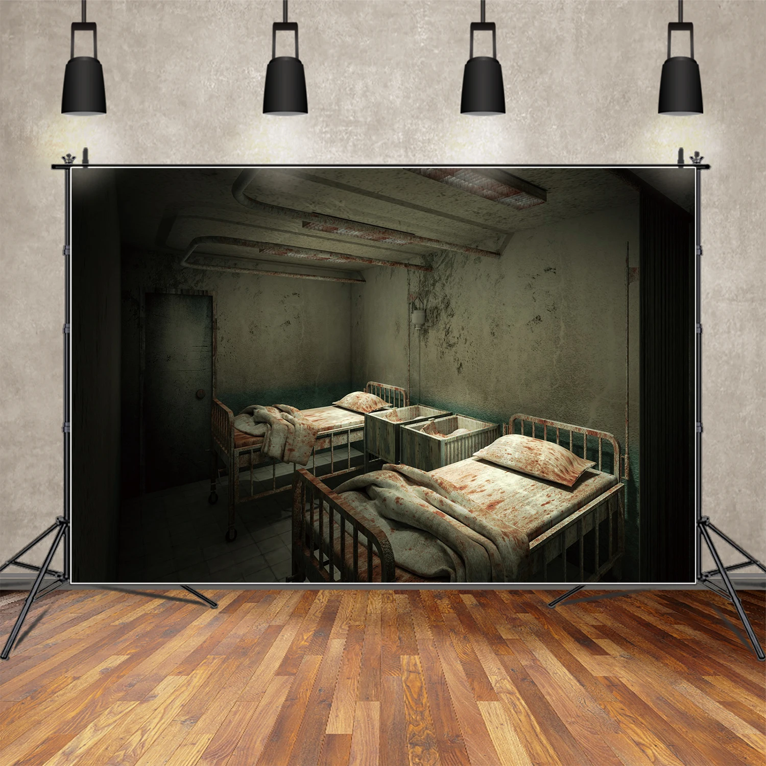 

MOON.QG Backdrop Halloween Rusty Hospital Bed Decorations Background Grunge Faded Blue White Wall Tile Floor Photo Booth Props