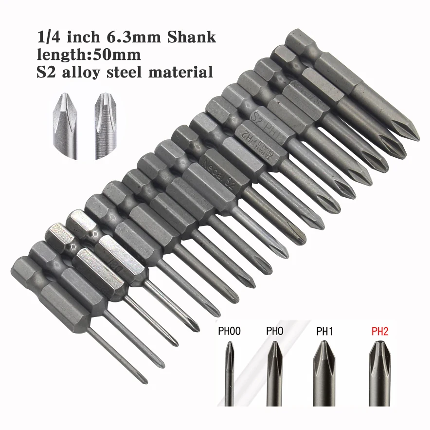 

1/4 inch 6.3mm Shank Hex Shank Magnetic Phillips Cross Screwdriver Bit Electric Screwdriver Head 50mm Length