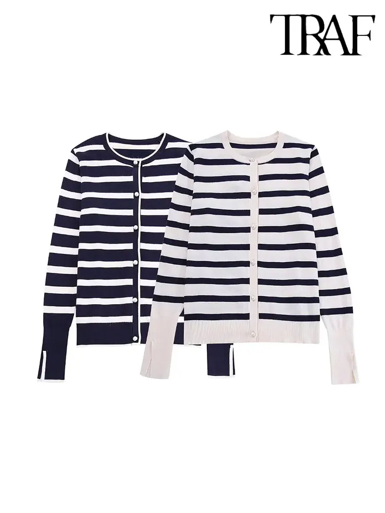 

TRAF 2023 Spring Autumn Woman Striped Knitted Cardigan Coats Sweater Pearl Single Breaste Vintage Y2K O-Neck Casual Tops