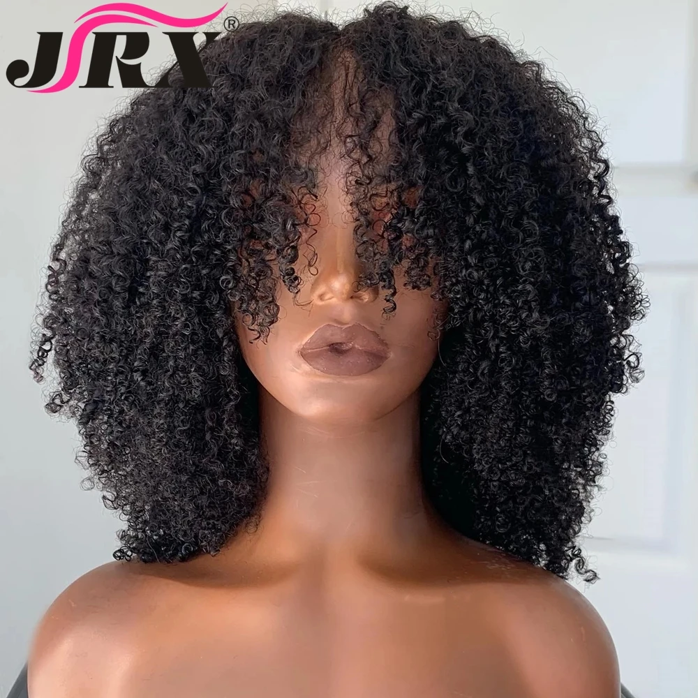 Afro Kinky Curly Natural Black Colored Remy Human Hair Machine Made Wigs for Women Peruvian Short Curly Wigs with Bangs
