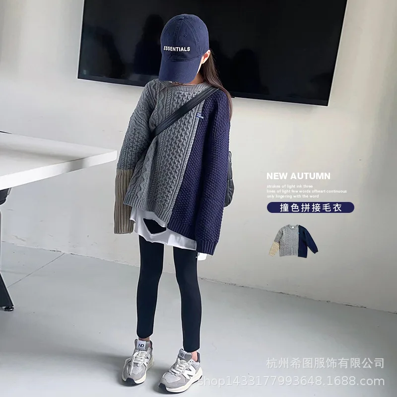 

Girls hit color stitching sweater 2022 autumn new foreign style round neck loose long sleeve bottoming shirt trend