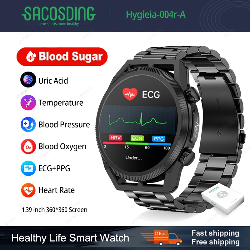 

2023 Smart Watch Thermometer Health Blood Sugar Blood Lipid Uric Acid HRV Monitor ECG+PPG Smartwatch 360*360 Bluetooth Call SOS