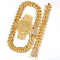 3pcs mens jewelry set full iced out watch necklace bracelet hip hop miama cubana chain choker diamond jewelry for man gold watch