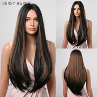 henry margu long dark brown synthetic straight wig womens layered highlights blonde heat resistant hair wigs daily party use