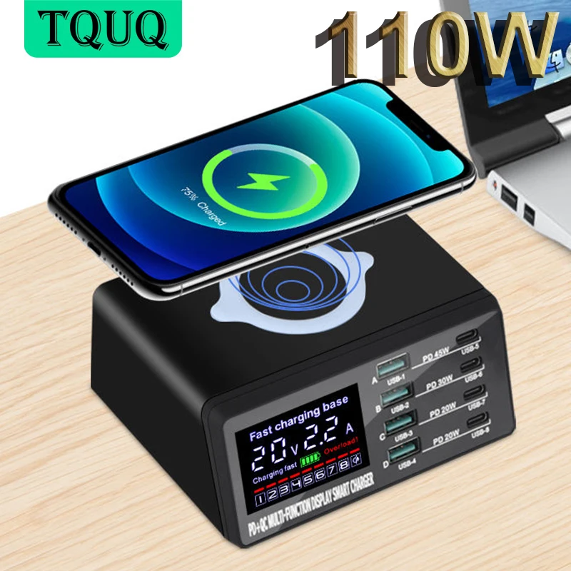 

TQUQ USB Fast Charger, Multi-Port 110W 8Port USB-C Fast Charging Station with 18W QC 3.0, 45W/30W PD, 15W Max Wireless Charging