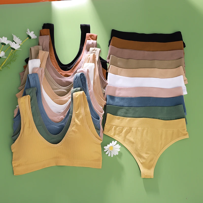

Women Bra G-String Set Sexy Seamless Underwear Set Padded Wireless Bra Panties 2Pcs Push Up Striped Bra&briefs Suit