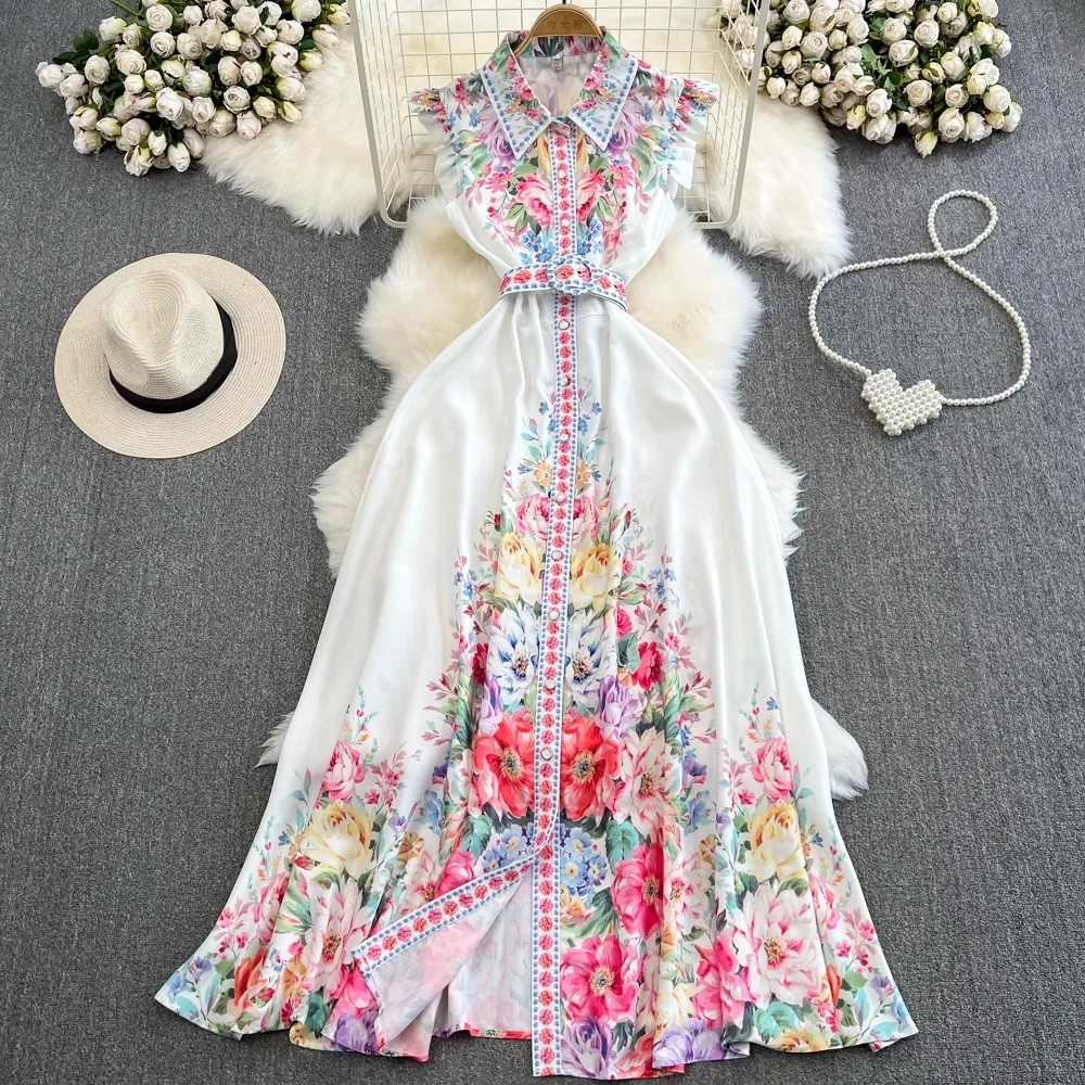 

Женское праздничное платье макси для отпуска, модельное однобортное длинное платье с отложным воротником, цветочным принтом и оборками без рукавов, модель A6682