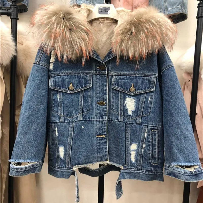 Back cartoon cat print thick fur liner real fur parka women natural raccoon fur collar denim jacket oversized fur hood coat