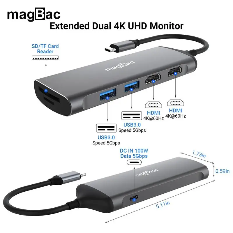 

USB-концентратор magBac с двойным HDMI, 4K, 60 Гц, разные порты, 2 монитора, док-станция PD, 100 Вт, концентратор USB3.0 для Macbook Pro, HP, ASUS, DELL