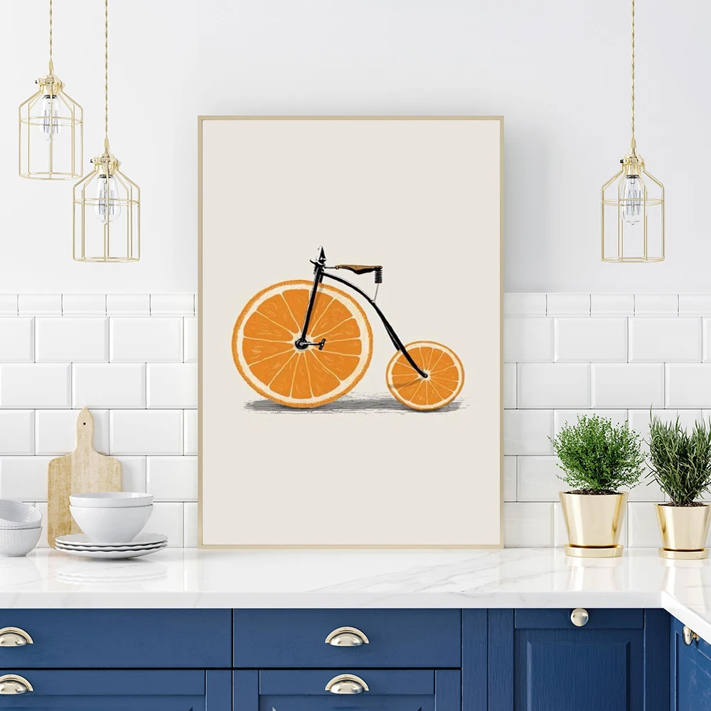 Абстрактная Мода велосипед Лимон Апельсин фрукты печать холст скандинавские