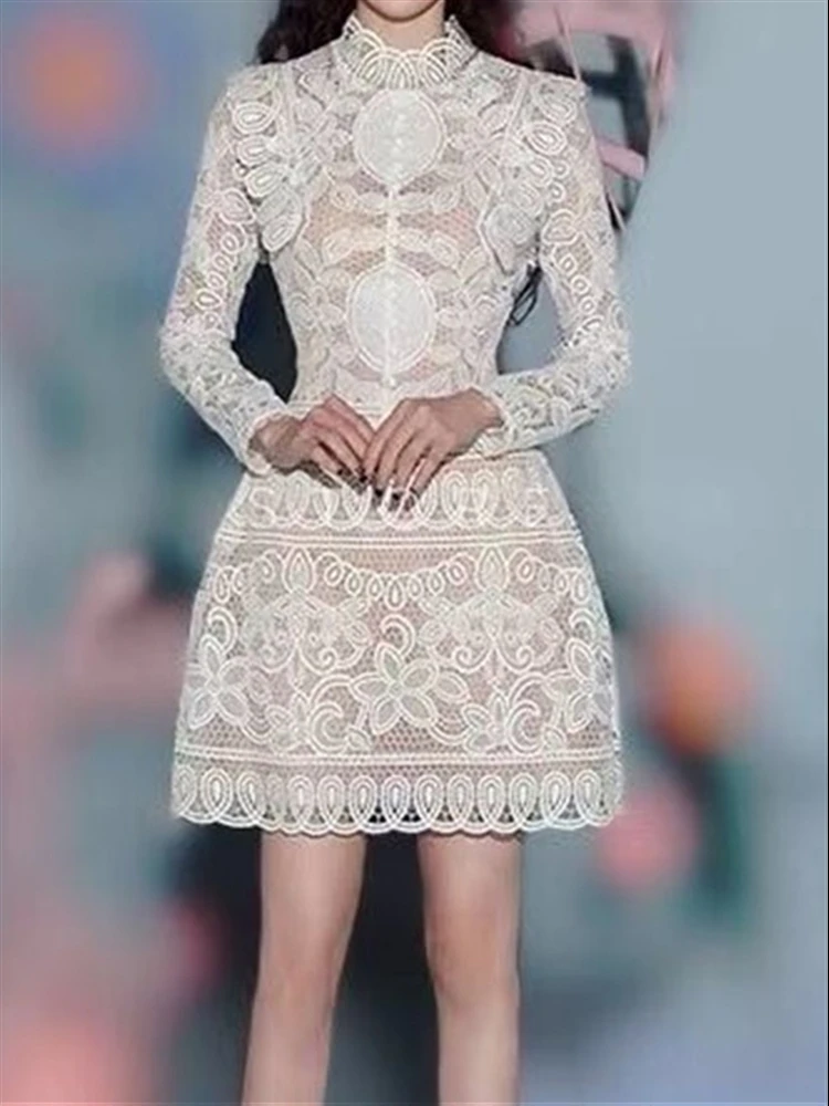 

Elegant High Waist Embroidery Mini Short Lace Dress New 2022 Vintage Fall Spring Luxury Celebrity Party Dresses for Women