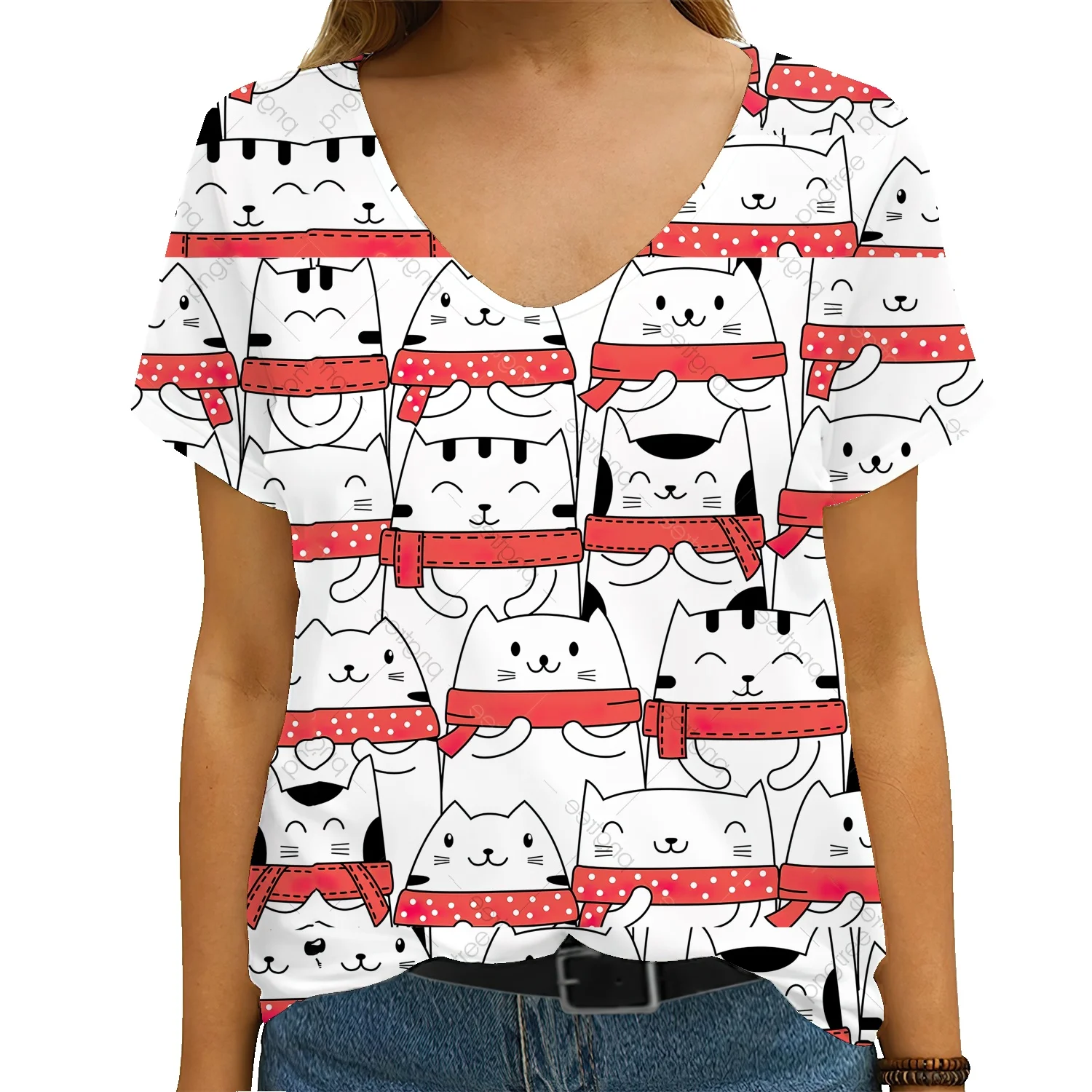 

Cat Floral Print T Shirt Ladies Casual V Neck Short Sleeve Top Women Streetwear Loose Plus Size T Shirt