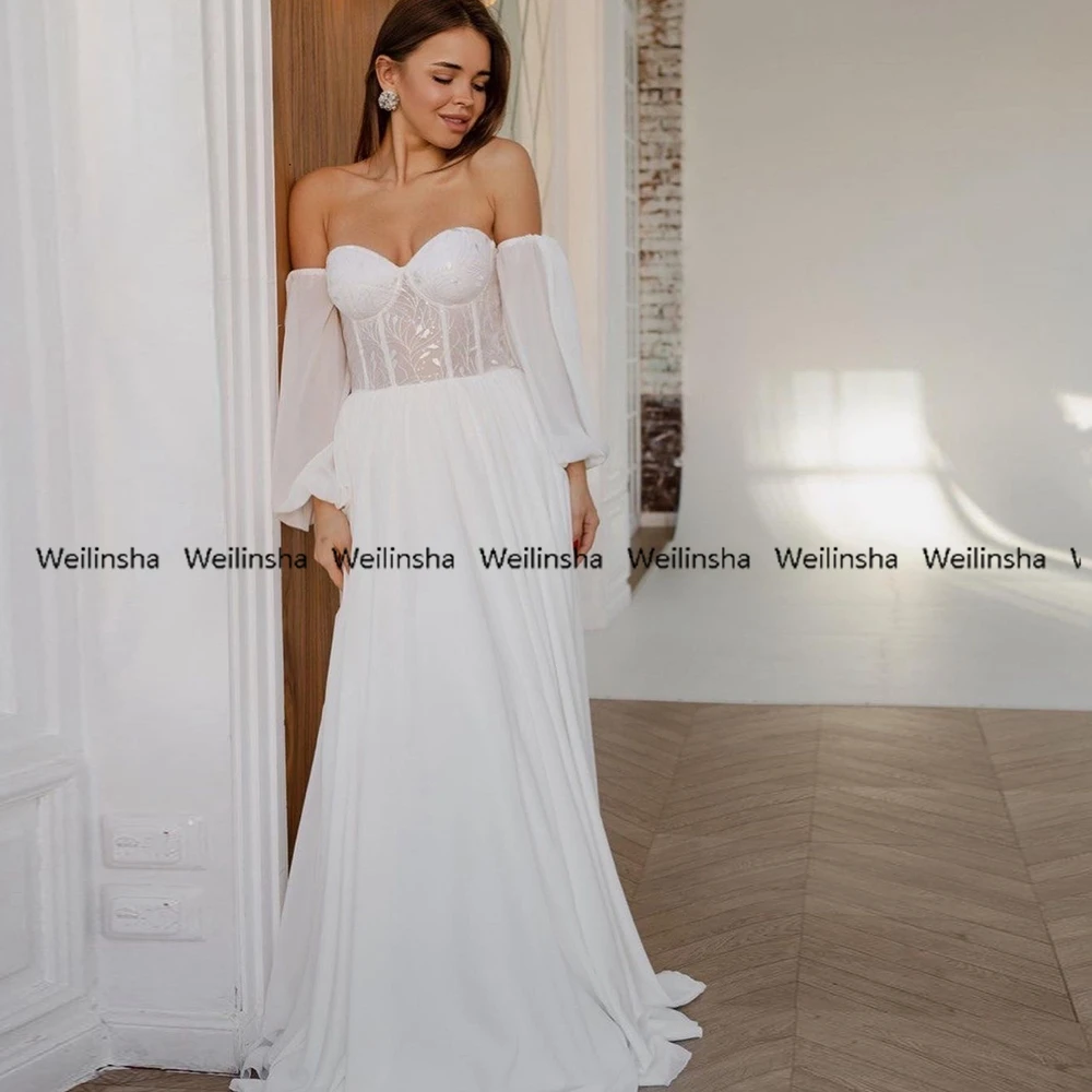

Weilinsha Corset Off Shoulder White Simple Wedding Dresses with Chiffon Lace Up Back Bridal Gowns 2022 Summer Robe De Mariée