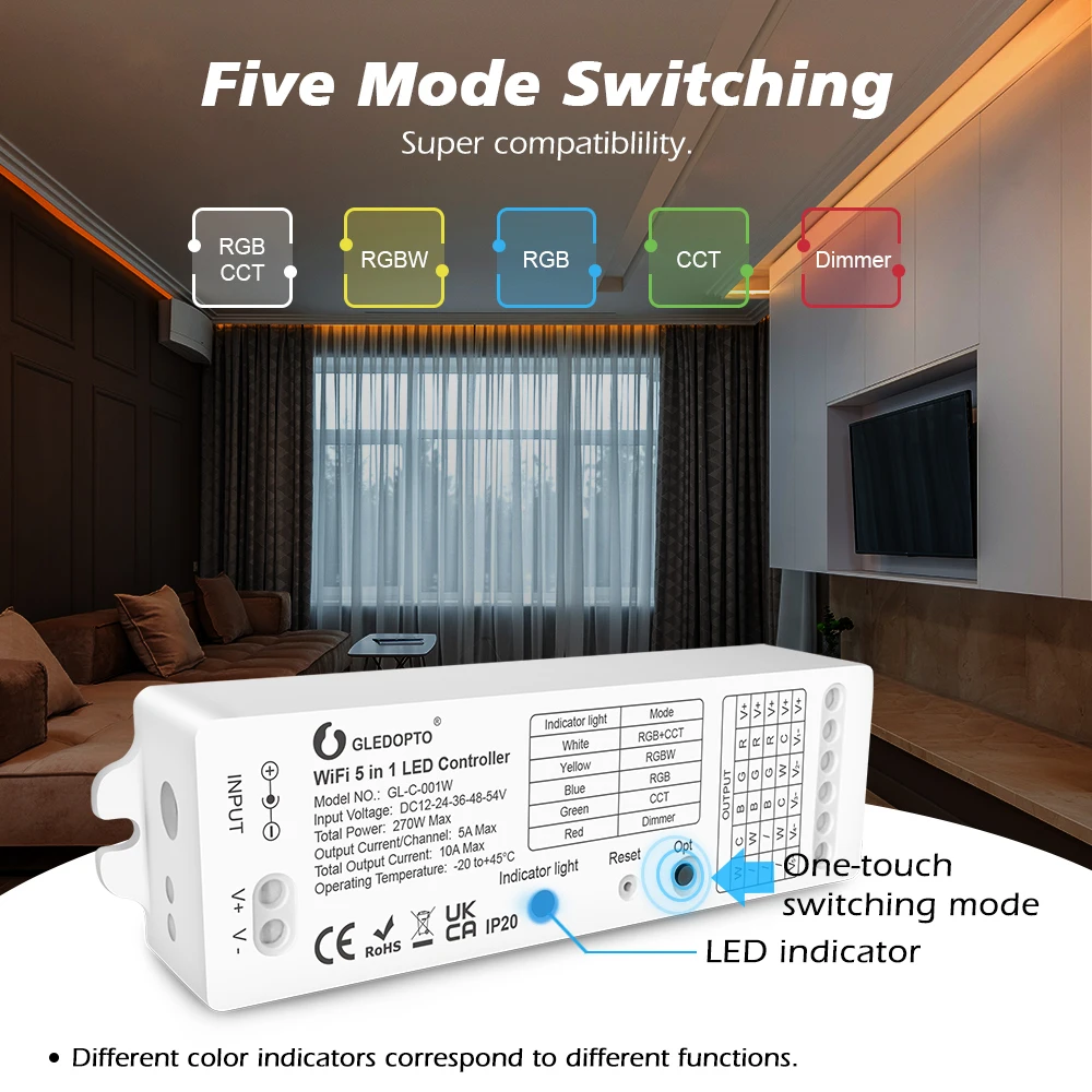Gledopto WiFi 5 in 1 LED Controller Strip Light Work With Tuya Smart Life App Control 2.4G RF Remote Alexa Voice