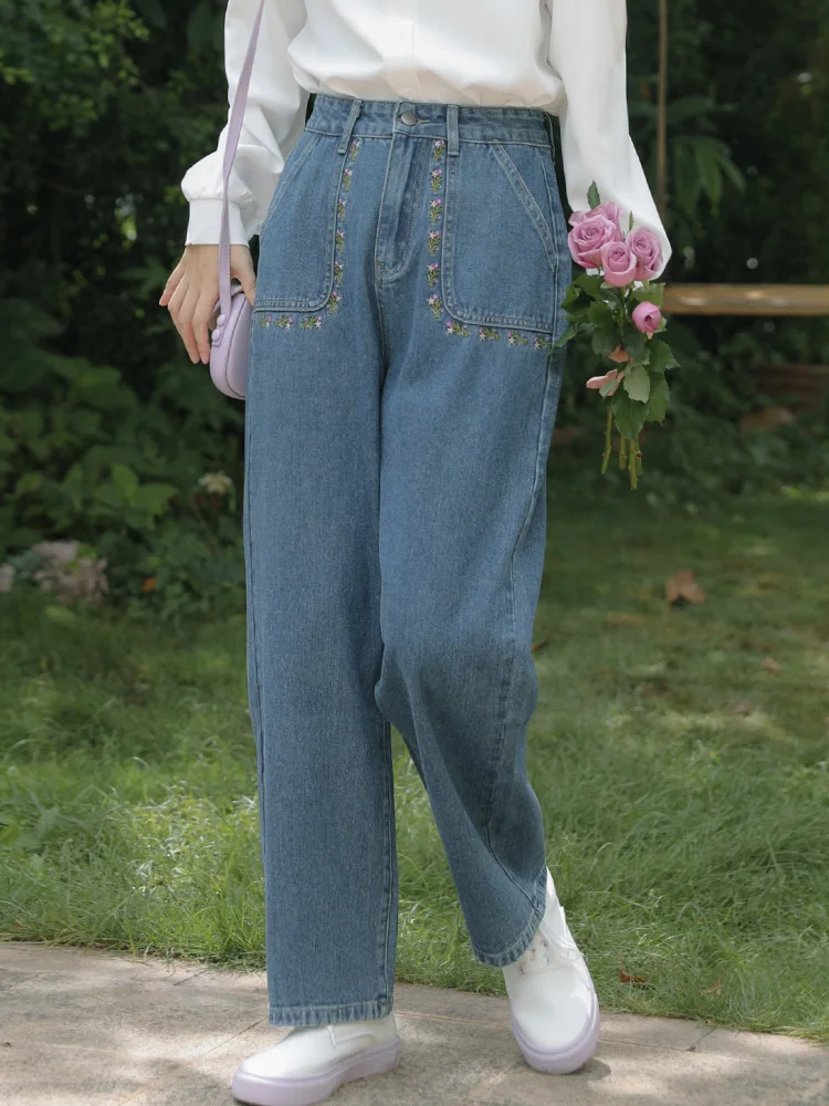 

Wide-Legged Jeans Embroidered Capris Summer Style 2022 Korean Fashion Women'S Cargo Baggy Pants Harajuku Female Clothing