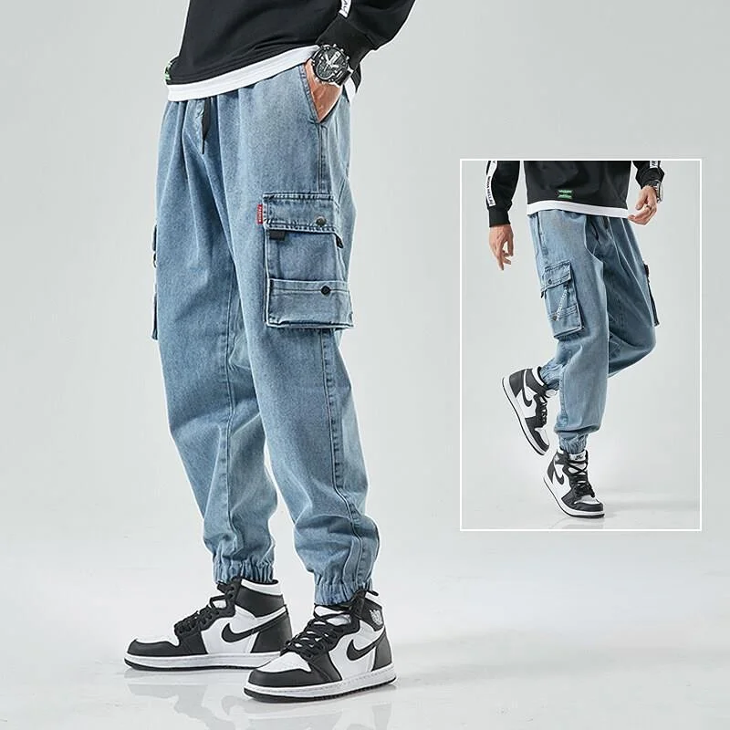 

Джинсы-шаровары мужские свободного покроя, модные уличные штаны из денима в стиле хип-хоп, синие брюки-карго, черные, в Корейском стиле, боль...