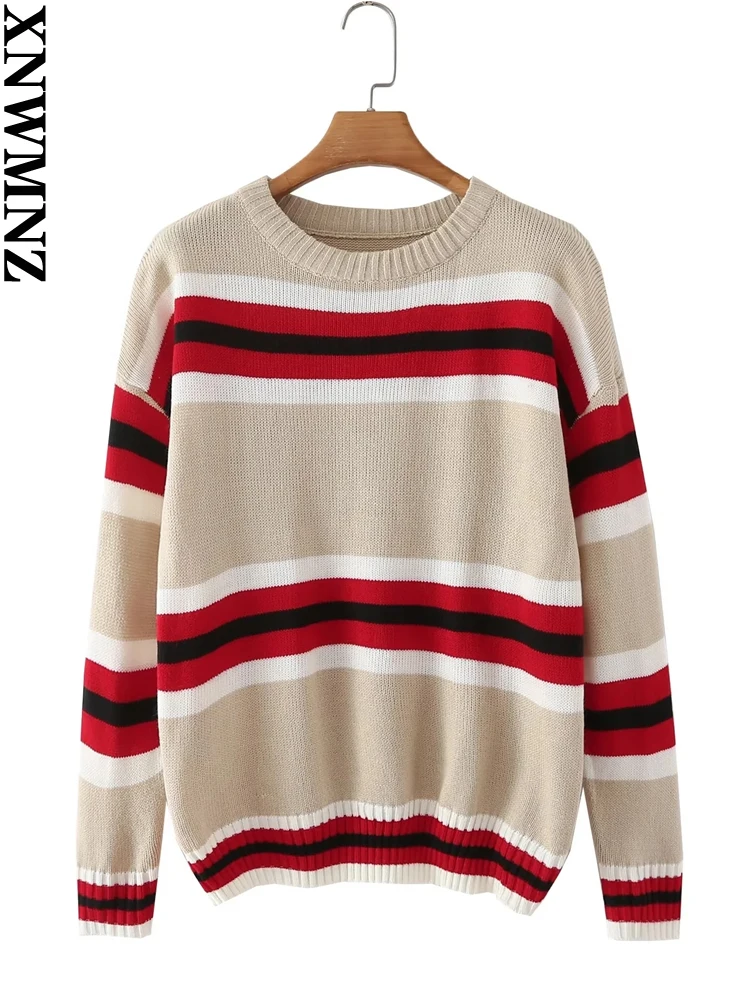 

XNWMNZ 2022 women fashion color-blocking striped knitted sweater woman retro casual all-match female chic pullover
