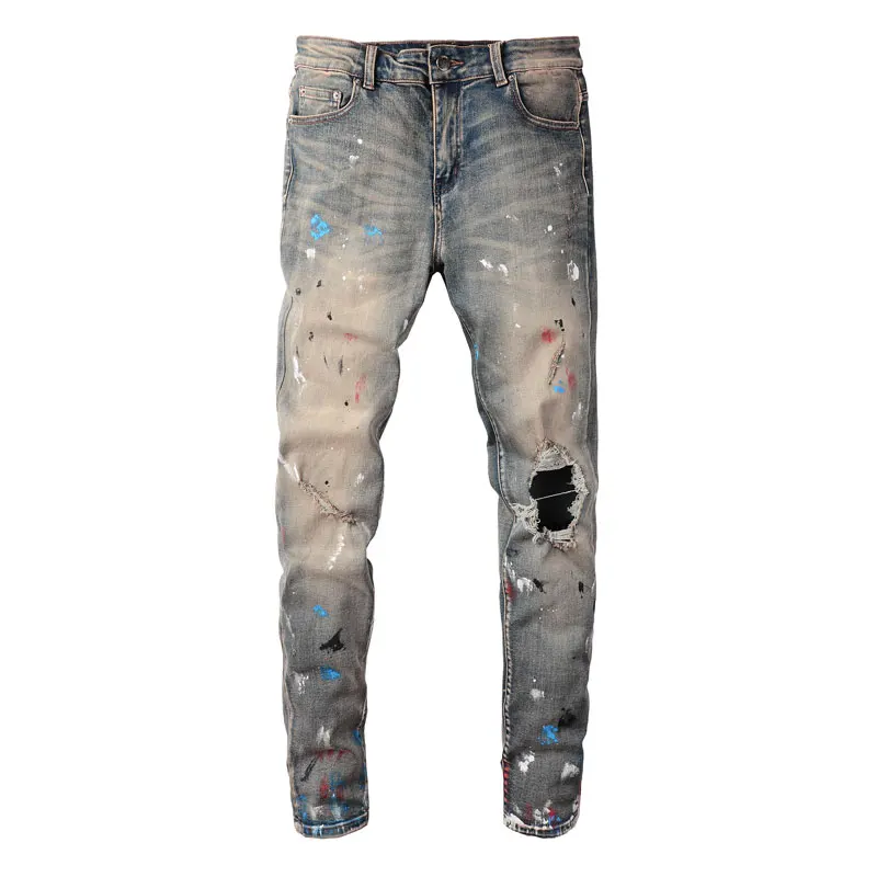 Streetwear Fashion Men Jeans Retro Washed Stretch Skinny Fit Hole Ripped Jeans Men Painted Designer Hip Hop Brand Pants Hombre