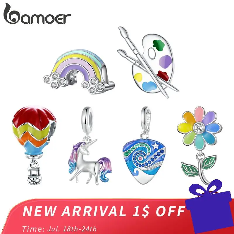 

Bamoer 925 Sterling Silver Colorful Unicorn Hanging Bead Rainbow Flower Charms for Women Bracelet and Necklace DIY Fine Jewelry