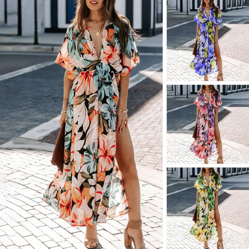 

Tropical Floral Maxi V-neck Dress For Women Sexy Short Sleeve A-line Holiday Beach Split Dress 2023 Summer Female Sundress
