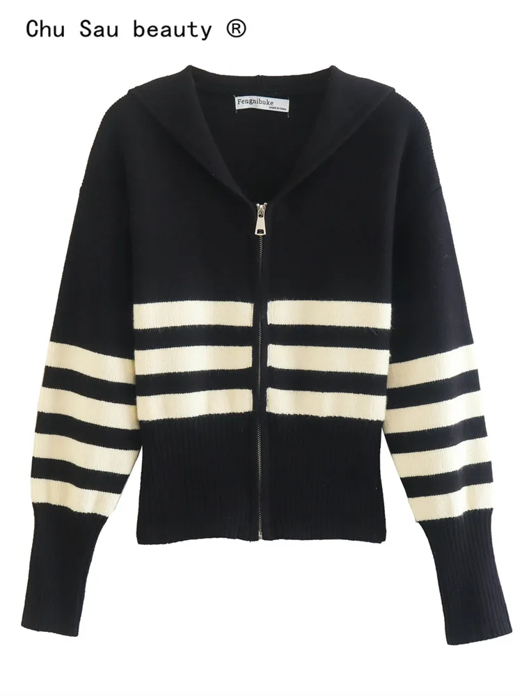 

Y2k осенний вязаный кардиган для женщин 2022 Новый Винтажный Повседневный свитер на молнии с лацканами в черно-белую полоску Женское пальто
