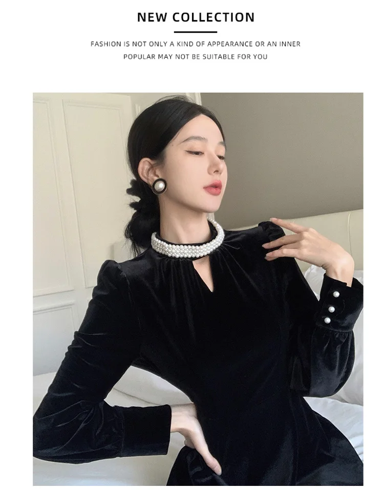 Осеннее черное бархатное платье для женщин французское винтажное офисное