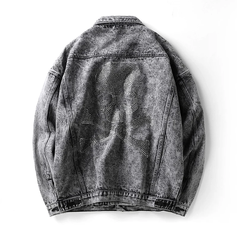 

YASUGUOJI Punk Style Skull Diamond Denim Jacket Men Hip Pop Loose Mens Jeans Jacket Streetwear Men Jackets and Coats Outwear