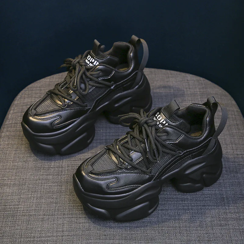 

New Women's Designer Trend Fashion Matching Leather Thick Sole Single Mesh To Increase Small Muffin Casual Sports Shoes