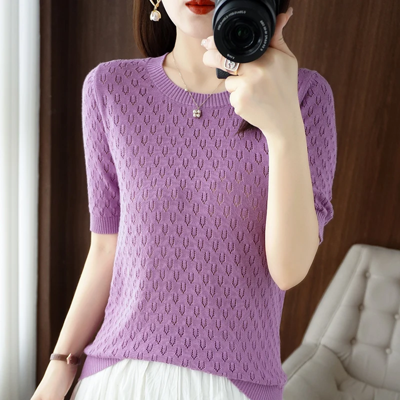 

T-shirt Women's 2023 Summer New Round Neck Sweater Casual Solid Top Hollow Pullover T-shirt Loose Fashion Short Sleeve Shirt