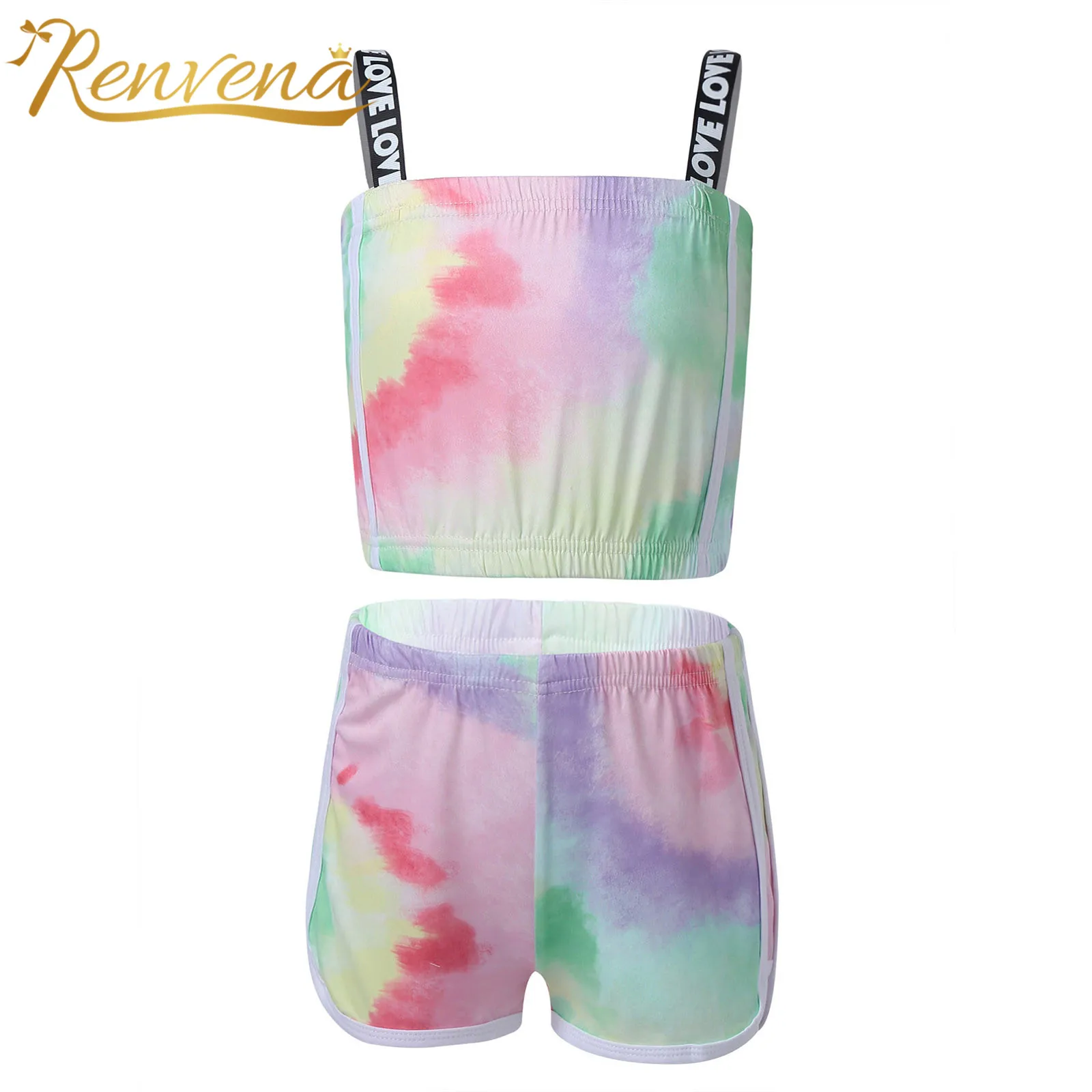 

Укороченный топ с принтом тай-дай + шорты, для девочек, 2 шт., летний спортивный костюм, детский Модный комплект, костюмы для фитнеса и трениро...