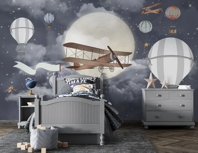 

Night Sky Child Room Wall Mural, Retro Planes Kids Wallpaper, Watercolor Vintage Plane Wall Decor, Moonlight,Hot Air Balloons Nu