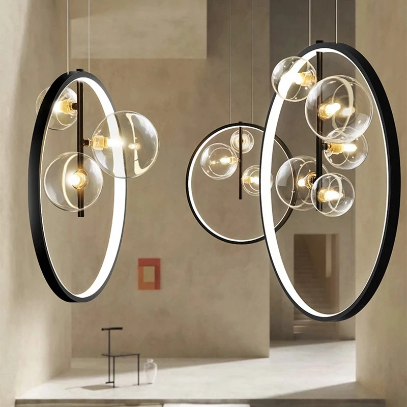 

Simple Metal Pendant Lighting Black LED Lamps Round Ring Hanging Lights for Bar Dining Room Bedside Suspension Chandelier
