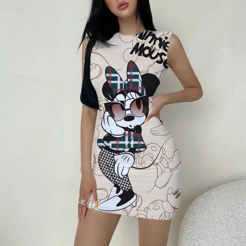 

Disney Mickey Minnie Mouse Dress Women Fashion Print O-Neck Sleeveless Summer Mini Dresses Bodycon Slim Casual Pencil Vestidos