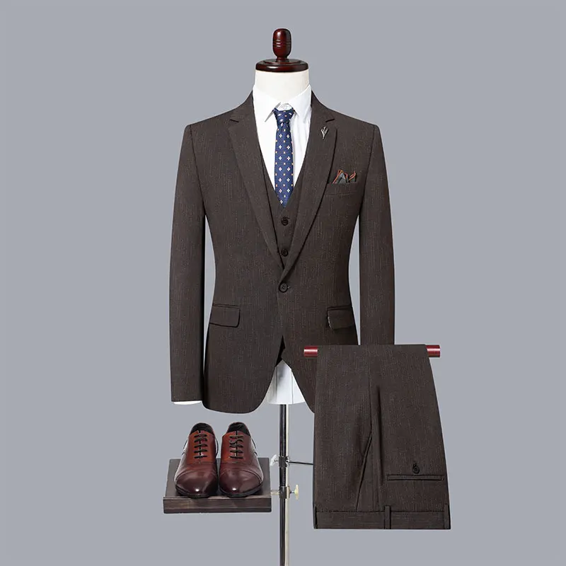 

New autumn/winter (suit + vest + trousers) men's Korean version of the British slim striped wedding casual suit three-piece set