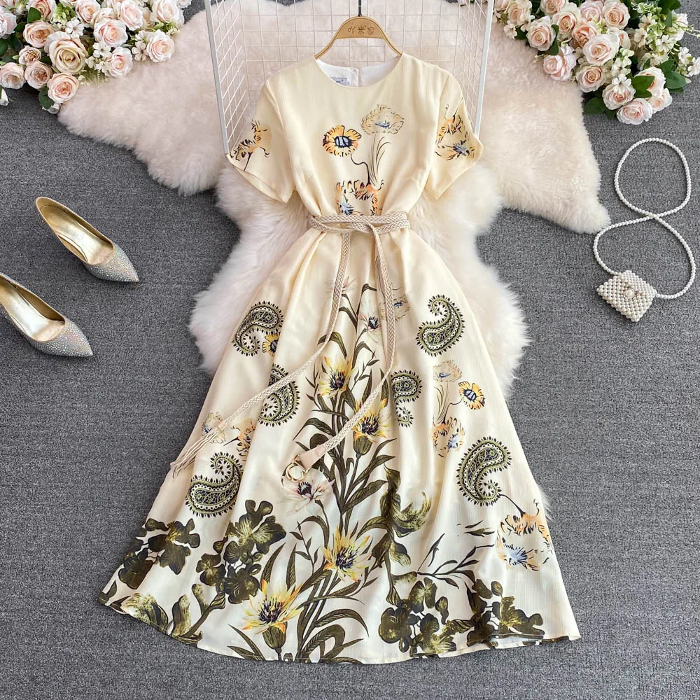 

SuperAen 2022 Summer O Neck Printing Slim Waist A Line Big Swing Casual Ankle-Length Dresses Women