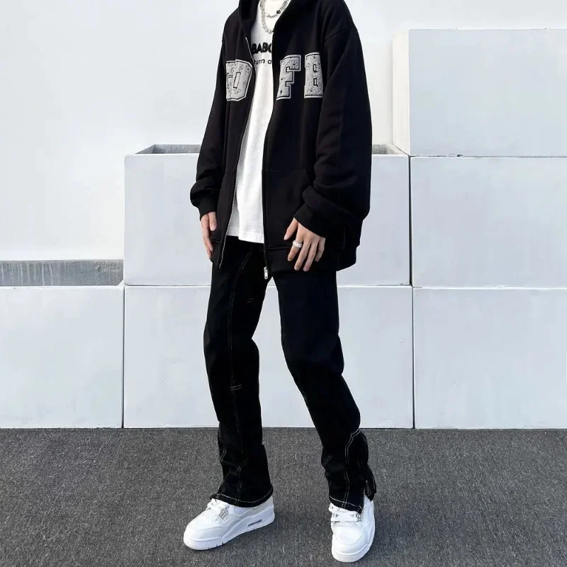 Men's Jeans Hip Hop White Flared Pants Loose Side Zipper Casual Loose Jeans Men's and Women's Pants Y2k Pants Ins Hot Sale Denim