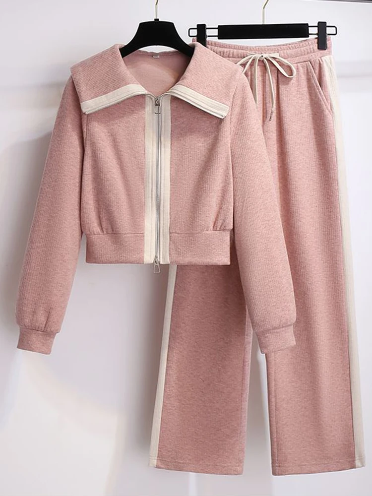 

Casual Sports Wide Leg Pants Two Piece Set For Women's Spring Autumn 2023 New Pink Sweater Coat