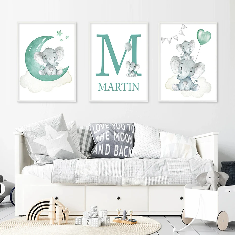 

Customized Name Blue Green Moon Gray Elephant Posters Nursery Canvas Painting Wall Art Print Picture Kids Room Home Decoration