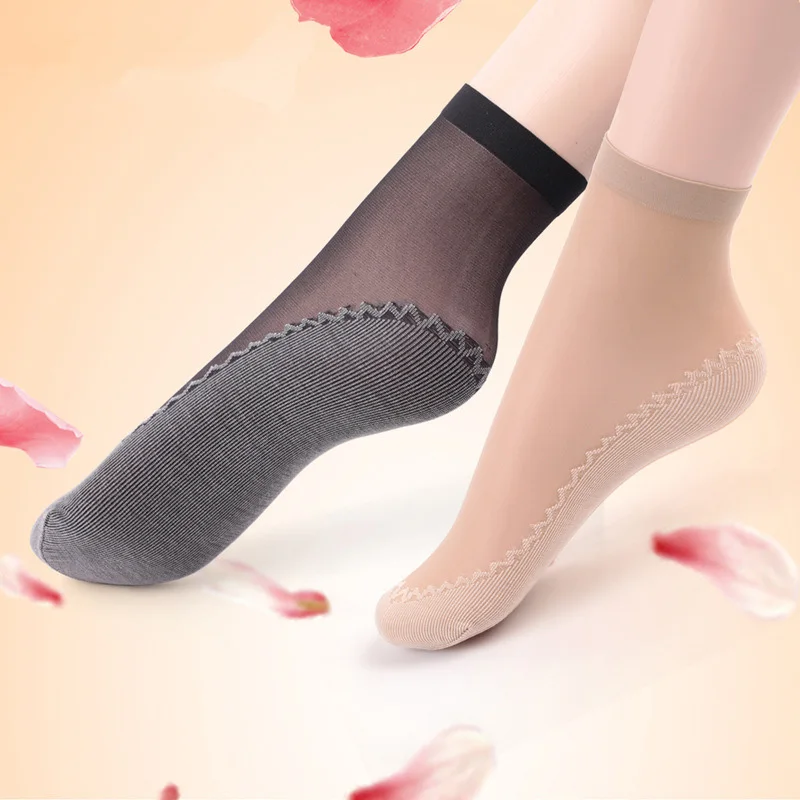 

20pcs=10 Pairs Spring Summer Women Soft Socks Thin Silk Socks Non-Slip Bottom Splice Fashion Transparent Ladies Breathable Sock