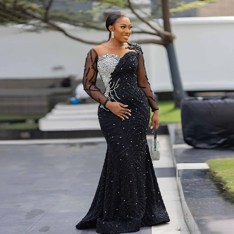 Sparkly Black Mermaid Prom Dresses Aso Ebi Plus Size Arabic Evening Gowns African Beaded Sheer Long Sleeves Formal Party Dress