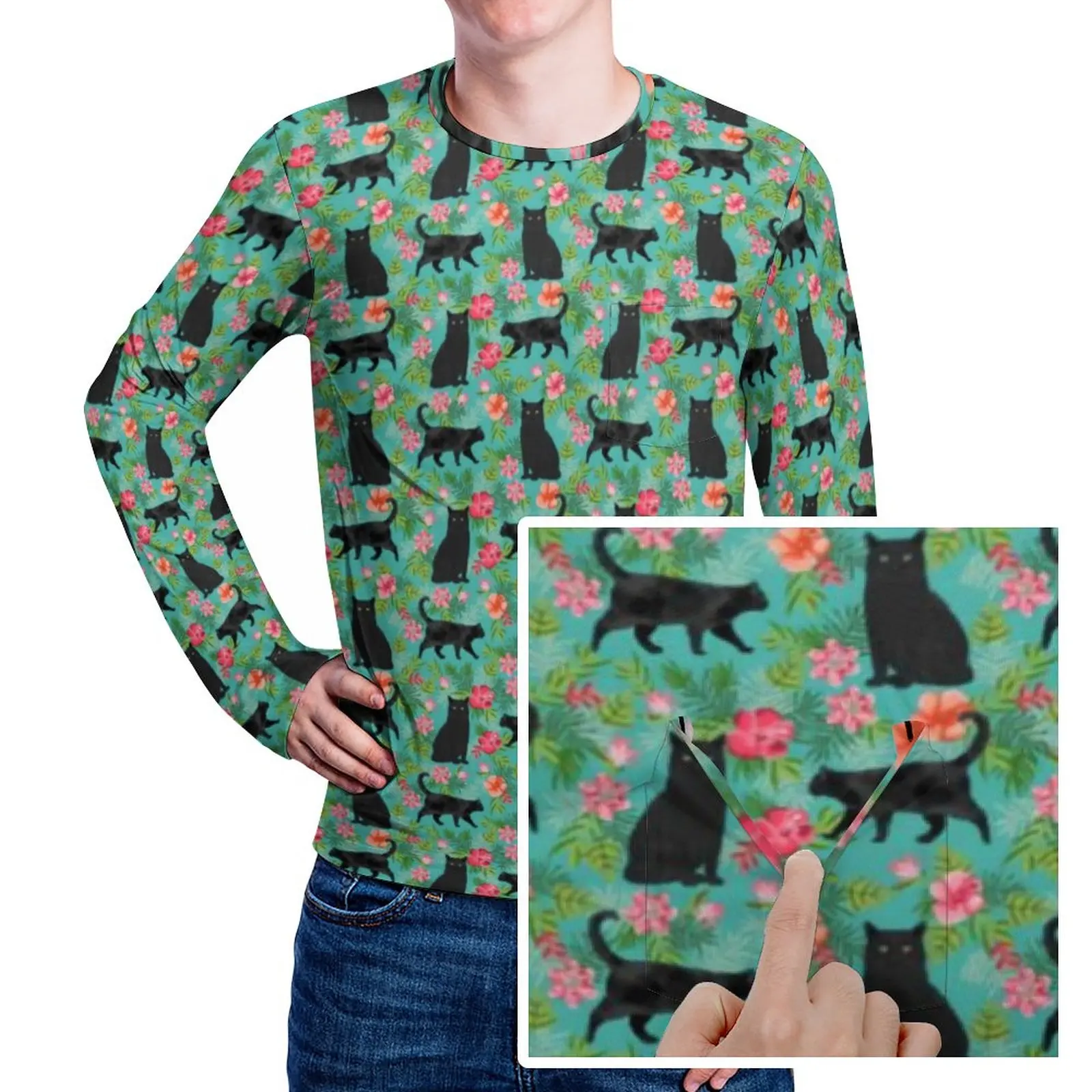 

Черная футболка с котом, трендовые футболки с гавайским принтом и карманом, дизайнерские Топы с длинным рукавом, осенняя базовая одежда большого размера