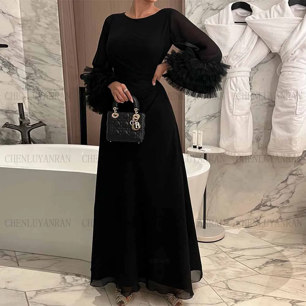 

Black Elegant Formal Occasion Dresses 2023 O-Neck Chiffon Party Dress Full Sleeves A-Line Long Evening Gowns فساتين السهرة