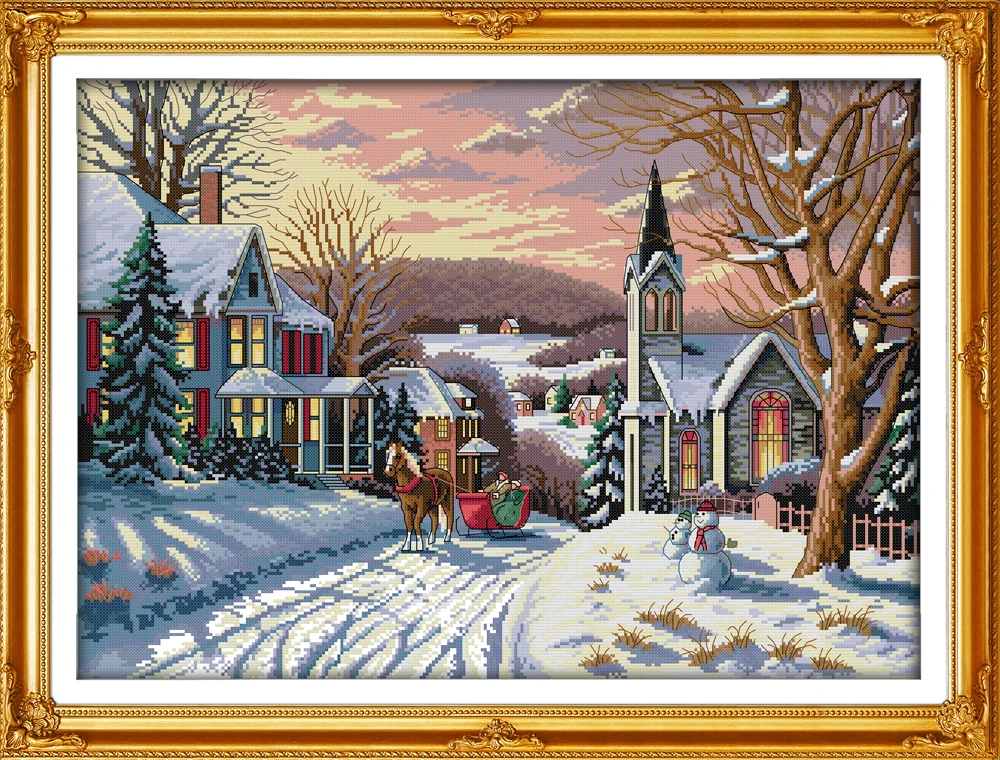 

Joy Sunday Pre-printed Cross Stitch Kit Easy Pattern Aida Stamped Fabric Embroidery Set-Snowscape (6)