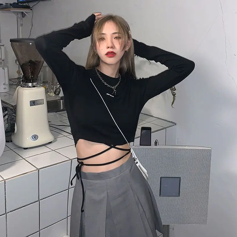 

Женский короткий топ на шнуровке, с длинным рукавом, в Корейском стиле